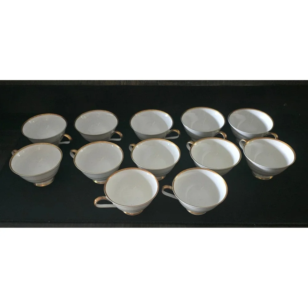 Set of 12 Heinrich Selb White Gold Trimmed‎ Footed Teacups Elegant Coffee Cups
